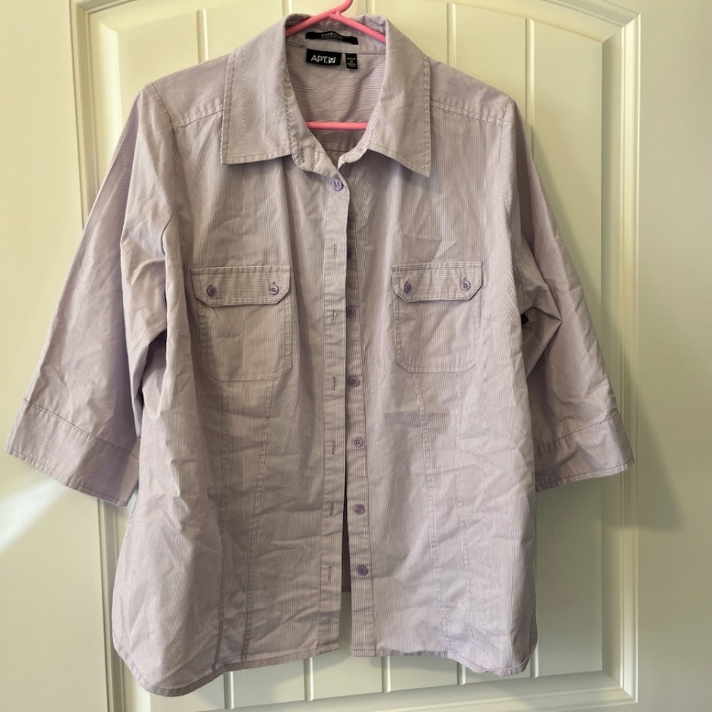 APT 9 Essential Shirt, size 1X, lavender and white pinstripe 3/4 sleeve